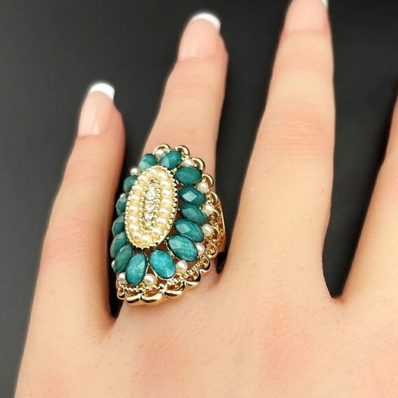 Yellow Gold with Diamond Crystal Pearl and Turquoise Gem Statement Ring Size 7 - Picture 8 of 8